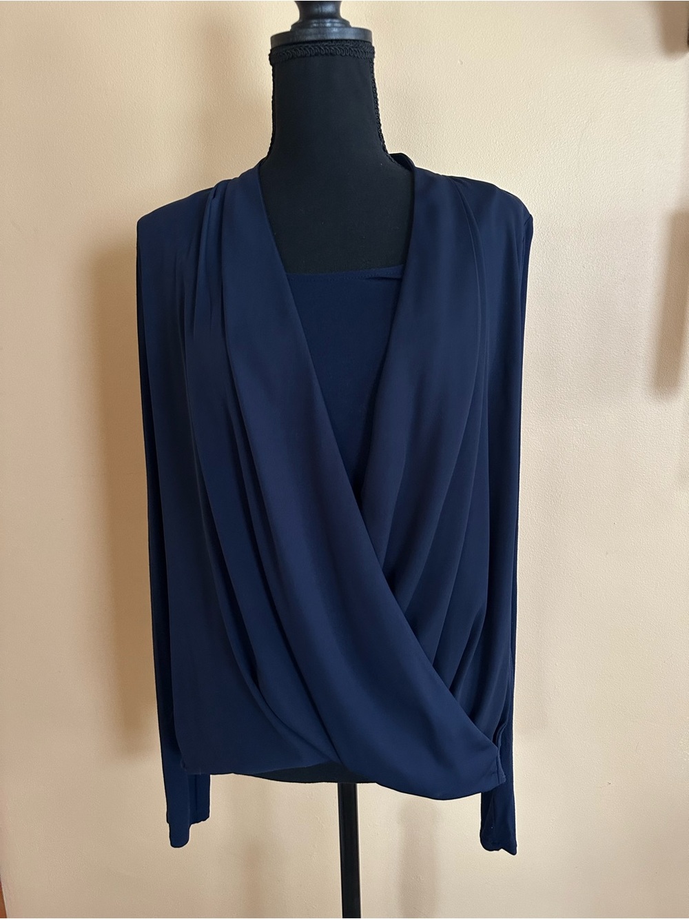 White House black market dark navy draped blouse women’s size medium